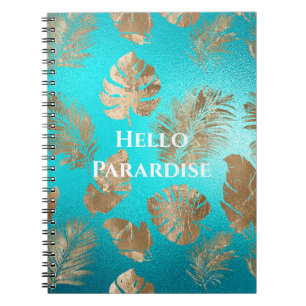 Caderno Espiral Turquesa Dourada Folhas Tropicais
