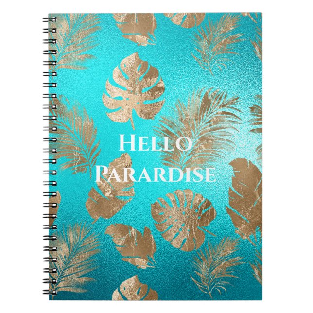 Caderno Espiral Turquesa Dourada Folhas Tropicais (Frente)