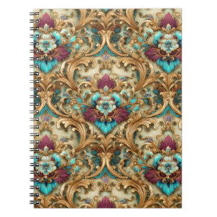 Caderno Espiral Turquesa e Dourado Damasco Ornamentado