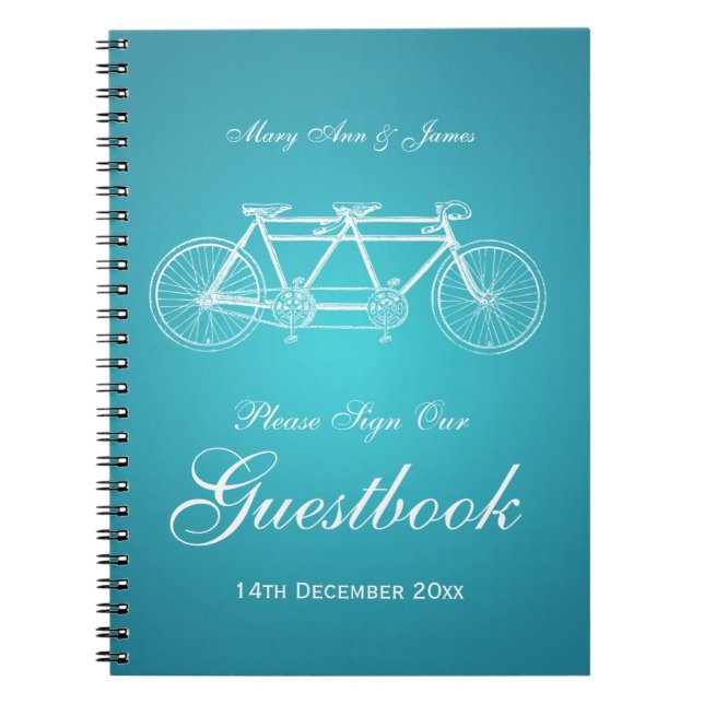Caderno Espiral Turquesa em tandem da bicicleta do Guestbook do (Frente)