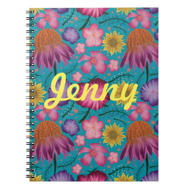Caderno Espiral Turquesa Floral Personalizada (Frente)