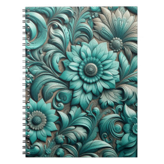 Caderno Espiral Turquesa Floral trabalhado Padrão Turquesa Verde-a