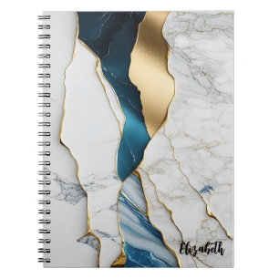 Caderno Espiral Turquesa Mármore Pedra Branco Resfriado Dourado
