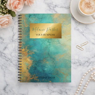 Caderno Espiral turquesa moderno chique dourado aquarela 