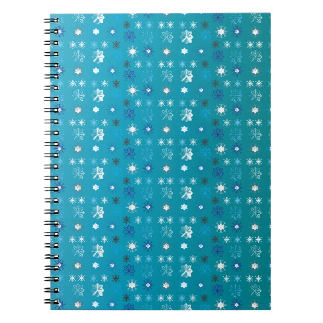 Caderno Espiral Turquesa na moda, branca, estrelas e flocos de nev (Frente)