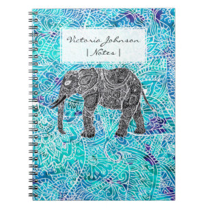 Caderno Espiral Turquesa tirada mão do azul do elefante do boho d