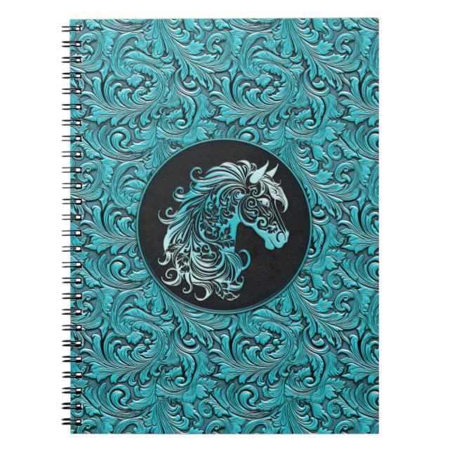 Caderno Espiral Turquesa vaqueira floral de cabedal de couro (Frente)
