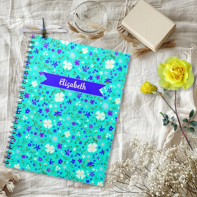 Caderno Espiral Turquoise Ditsy Floral Illustrated Personalized (Criador carregado)
