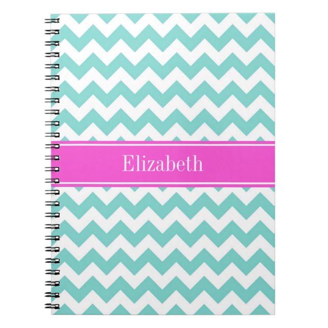 Caderno Espiral Turquoise Whevron Hot Pink Name Monograma (Frente)