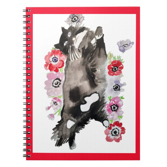 Caderno Espiral Tuxedo Cat Cute Pretty Flowers Cats Watercolor (Frente)