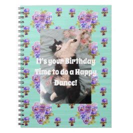Caderno Espiral Tuxedo Cat Funny Cute Floral Aqua Stripe Notebook