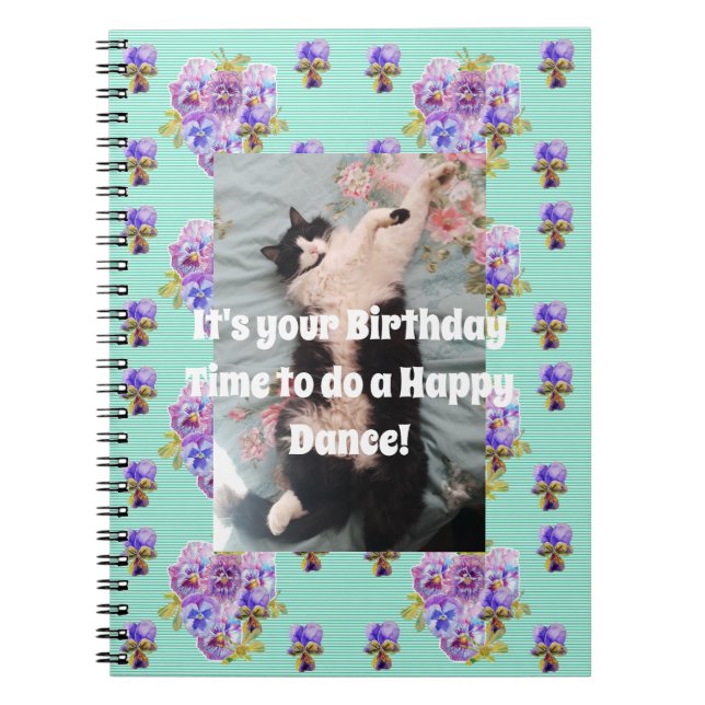 Caderno Espiral Tuxedo Cat Funny Cute Floral Aqua Stripe Notebook (Frente)