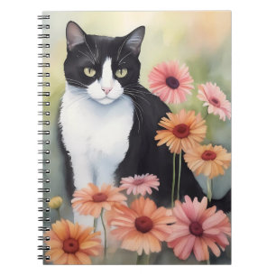 Caderno Espiral Tuxedo Gato De Aquarela Com Flores De Margarida De