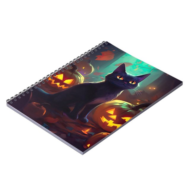 Caderno Espiral Tuxedo Gato De Halloween Com Pumpkins Assustado (Left Side)