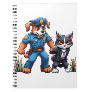 Caderno Espiral um cão de polícia e um gato malvado - humor
