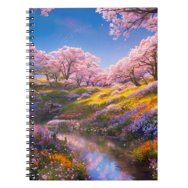 Caderno Espiral Um Creek Encantador Em Sakura Trees (Frente)