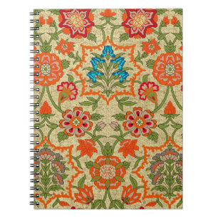Caderno Espiral Um design floral por espelho repete. Laranja e ver