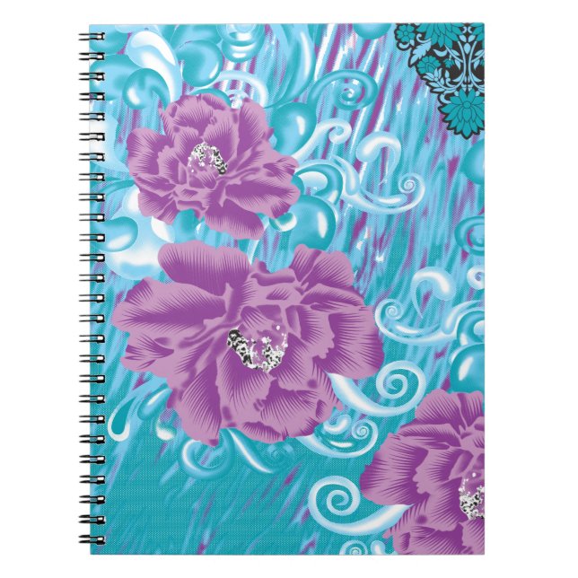 Caderno Espiral Um design têxtil vibrante com roxo e turq (Frente)