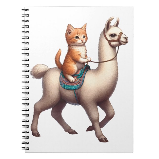 Caderno Espiral Um gatinho fofinho montando uma lhama fofa, gato e (Frente)