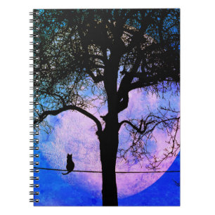 Caderno Espiral Um Gato Preto em um Fio Lua Cheia