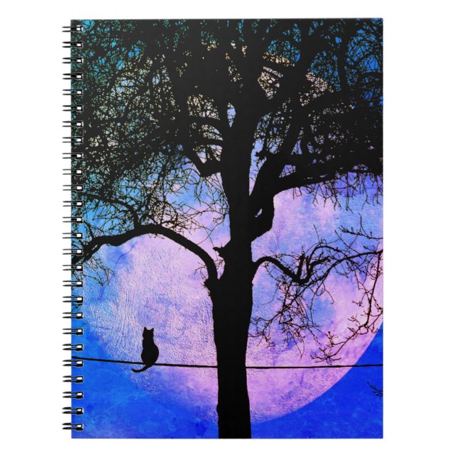 Caderno Espiral Um Gato Preto em um Fio Lua Cheia (Frente)