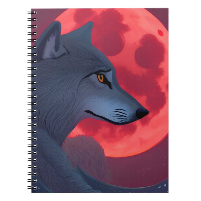 Caderno Espiral Um lobo Cinza olhando para uma lua de sangue (Frente)