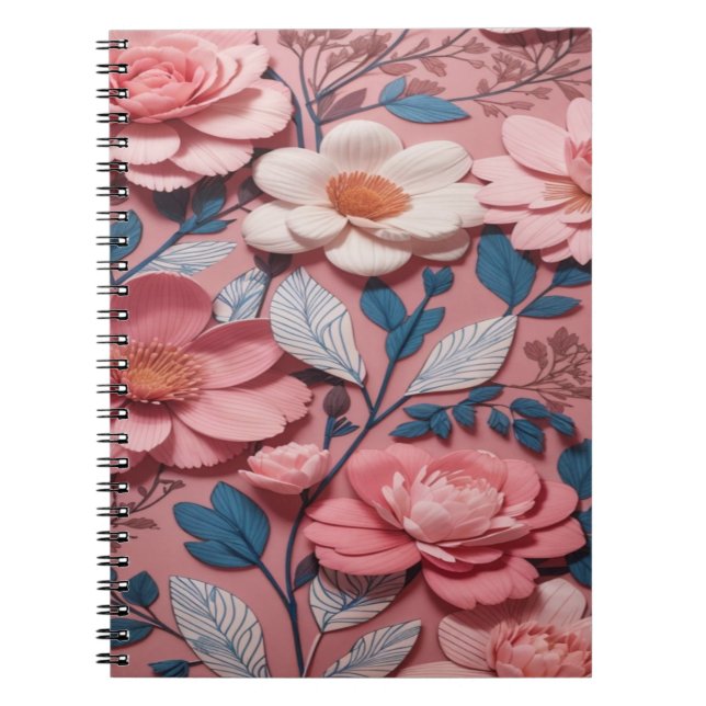 Caderno Espiral Um padrão floral com fundo rosa (Frente)