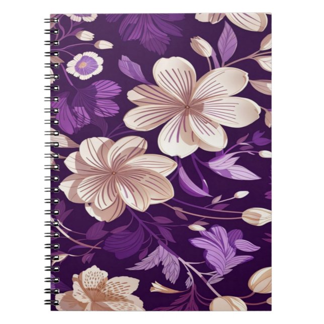 Caderno Espiral Um padrão floral com fundo roxo (Frente)
