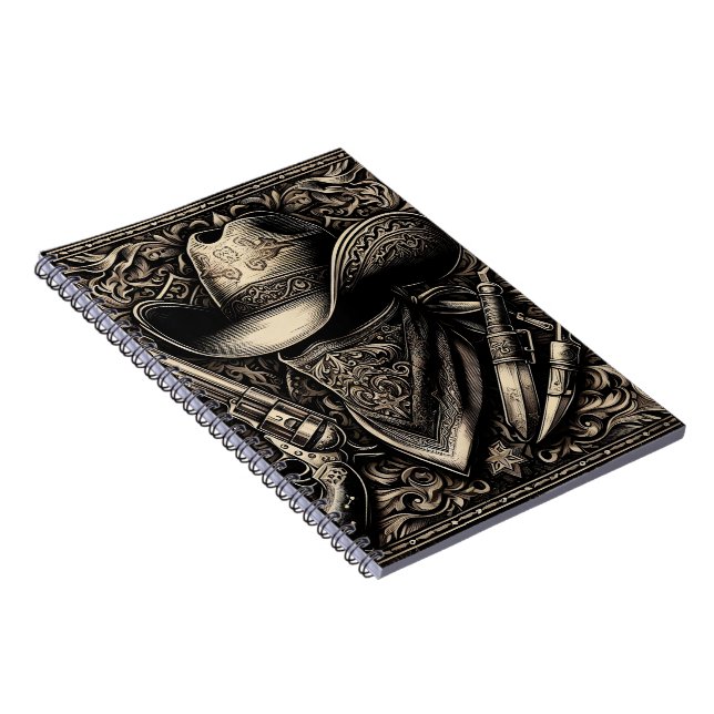 Caderno Espiral Um vaqueiro robusto num chapéu de meteoros, carreg (Lado Direito)