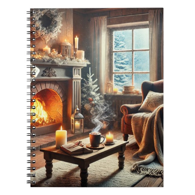 Caderno Espiral Uma cena de inverno confortável perto da lareira q (Frente)