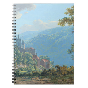 Caderno Espiral Uma fortaleza numa paisagem de montanha no nascer