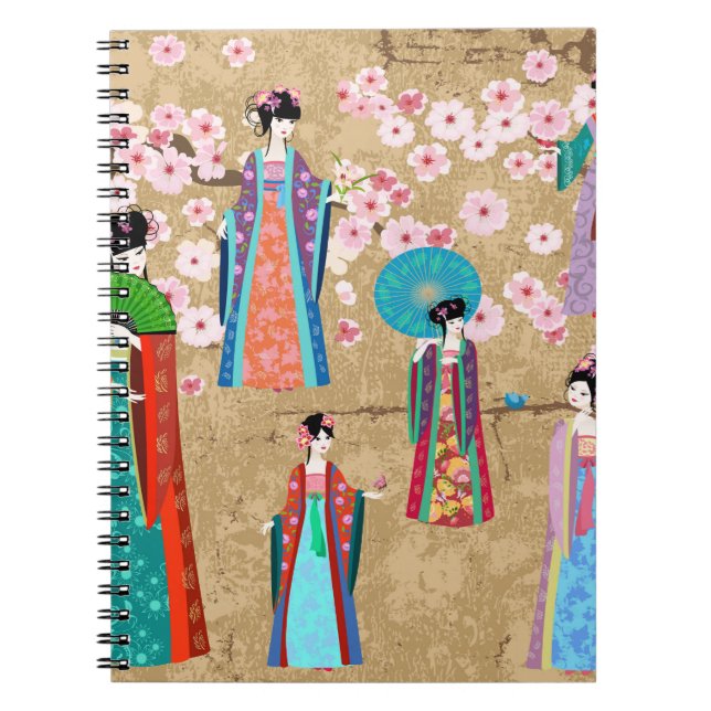 Caderno Espiral Uma garota oriental em retro figurapanese, chinesa (Frente)
