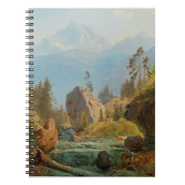 Caderno Espiral Uma paisagem de montanha com Creek - Albert Zimmer (Frente)