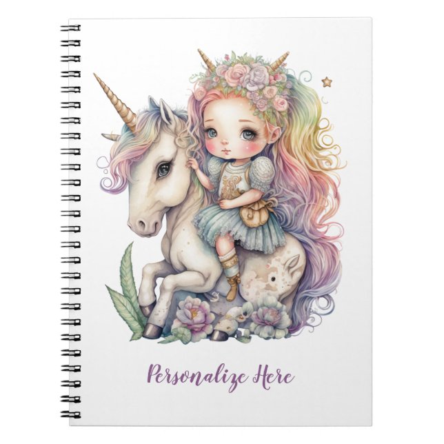 Caderno Espiral Unicorn Fairy Princess Rainbow Colors Personalize (Frente)