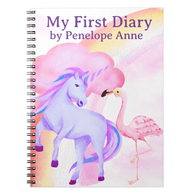 Caderno Espiral Unicorn Rainbow Flamingo Girls Diary Personalized (Frente)