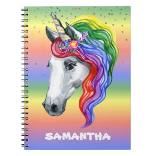 Caderno Espiral Unicorn Rainbow Watercolor Monogram Name  