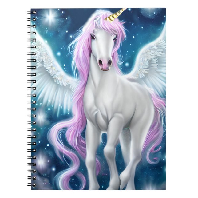 Caderno Espiral Unicórnio Alado Fantástico com Cabelo Rosa (Frente)