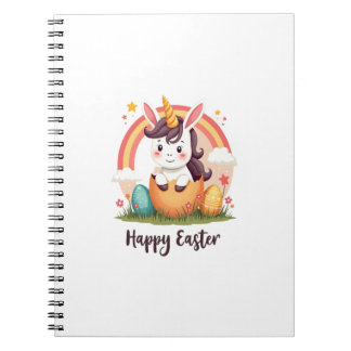 Caderno Espiral Unicórnio Arco-Íris de Páscoa Feliz Vintage Ovo Fo