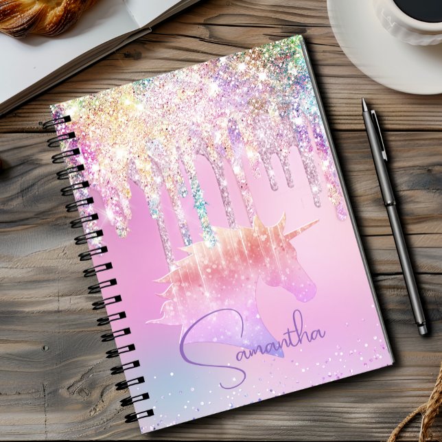Caderno Espiral Unicórnio arco-íris fofo com pingos de brilho rosa (Criador carregado)