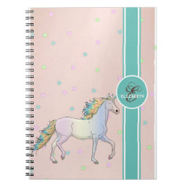 Caderno Espiral Unicórnio Arco-íris, Monograma de Estrelas Colorid