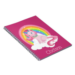 Caderno Espiral Unicórnio Cor-de-Rosa e Arco-íris Personalizados