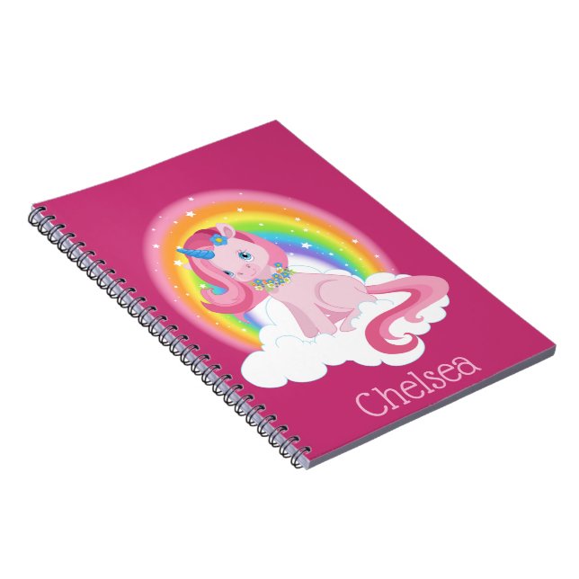 Caderno Espiral Unicórnio Cor-de-Rosa e Arco-íris Personalizados (Lado Direito)