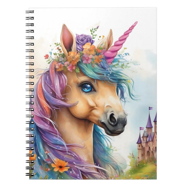 Caderno Espiral Unicórnio Sonhador Aquarela com Castelo e Flores (Frente)
