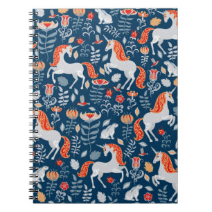 Caderno Espiral Unicórnios, coelhos, pássaros, flores em um fundo