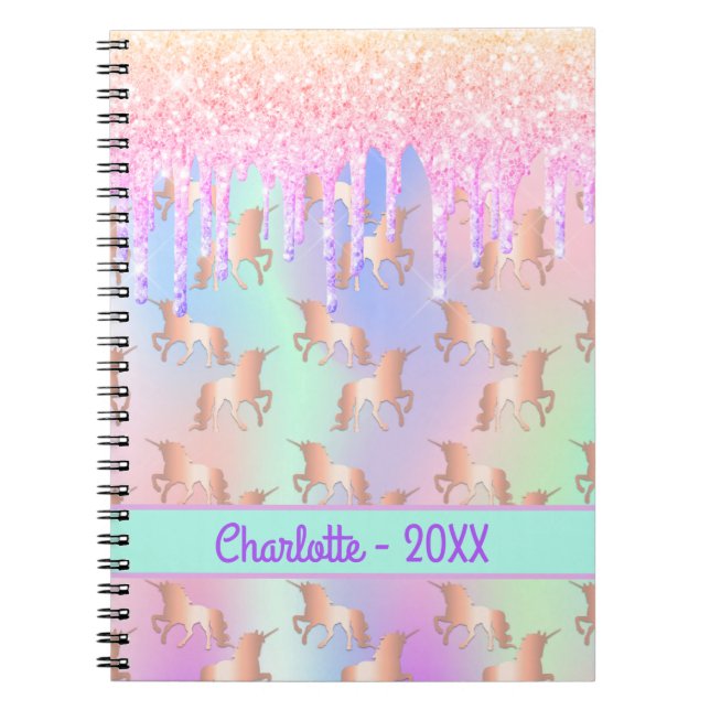 Caderno Espiral Unicorns cor-de-rosa pinga nome garota holográfica (Frente)