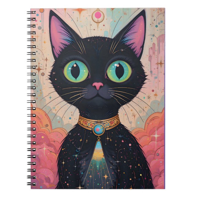 Caderno Espiral Universo de Gato Negro Cósmico e Futuro Atômico (Frente)