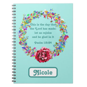 Caderno Espiral Uplifting Psalm 118:24 Flower Wreath Colorful Name