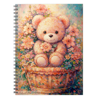 Caderno Espiral Ursa de pelúcia caprichosa em arte pastel de cesto