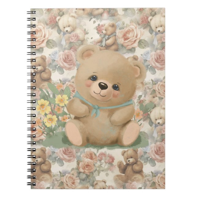 Caderno Espiral  ursinho fofo com flores (Frente)