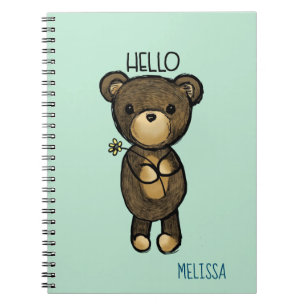 Caderno Espiral Urso Castanho Bonito com Flor Amarelo